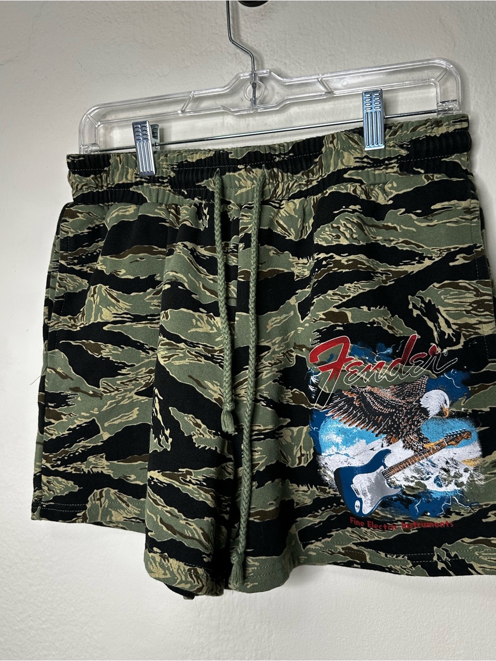 Fender Camo Green Swim Trunks with Eagle & Guitar Graphic